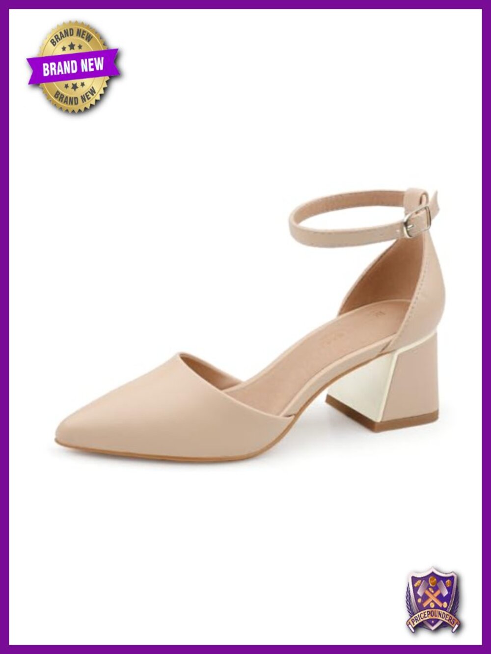 Womens Pointed Toe Pumps with Ankle Strap Chunky Low Heels Metal Line PU